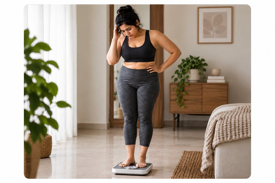 Disappointed checking the weighing scale