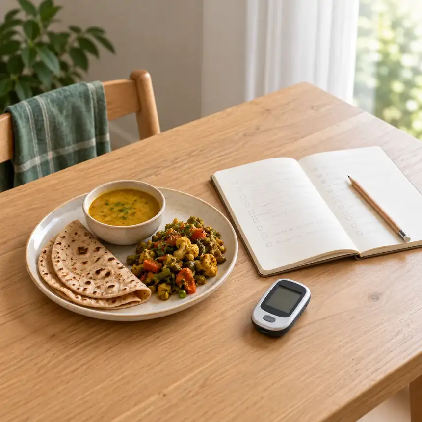 Home-style Indian meal of roti, dal and vegetable sabzi beside a meal-planning notebook and a glucose meter