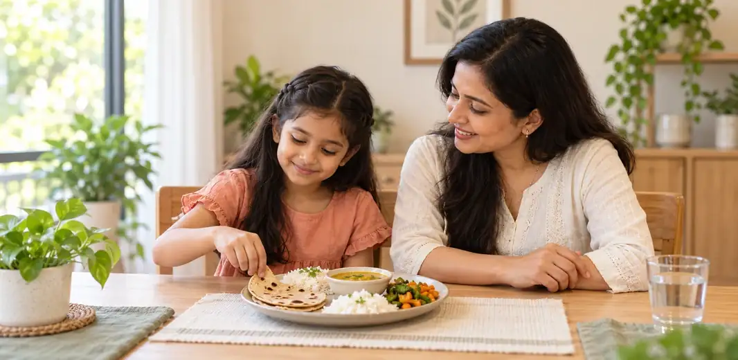 Parent and child sharing a balanced Indian meal of roti, rice, dal and vegetables at home