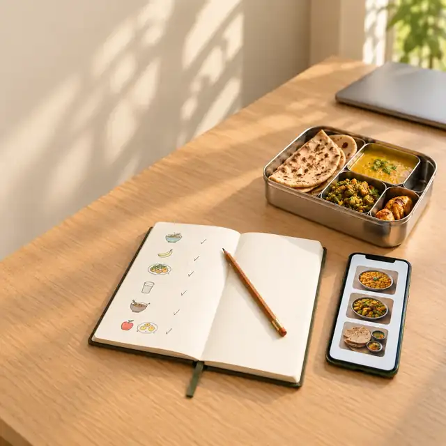 Indian lunchbox with roti, dal and vegetables beside a meal-tracking notebook and a phone showing meal photos